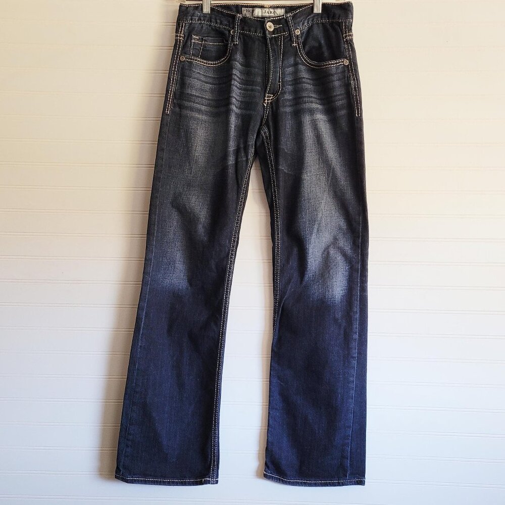 BKE Mens Jeans Size 29R Jake  Dark Wash Straight Distressing Heavy Stitching